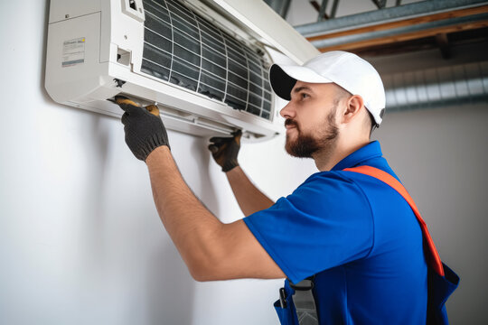 Air conditioning technician servicing a wall-mounted AC unit in Layton, UT