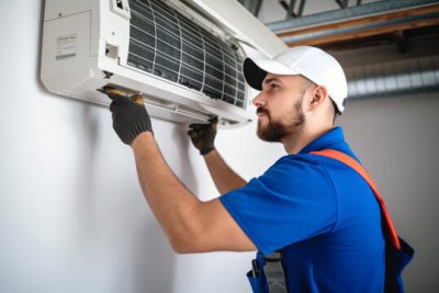 Air conditioning technician servicing a wall-mounted AC unit in Layton, UT