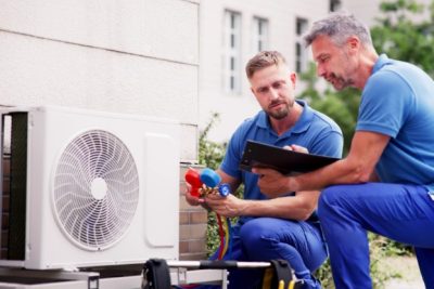 HVAC technicians reviewing an outdoor air conditioning unit in Layton, UT